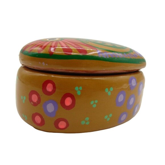 Pottery Terracotta Heart Shaped Trinket Keepsake Box Handpainted Bird Taxco Mexi - Picture 2 of 12